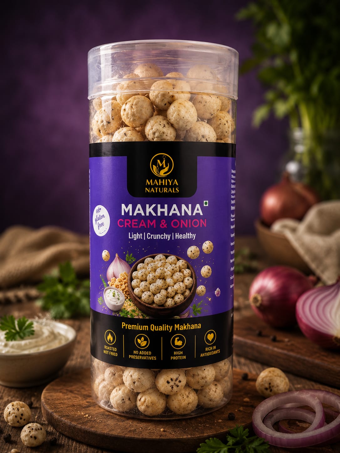 Mahiya Naturals Roasted Makhana – Cream & Onion 90gm - Image 2